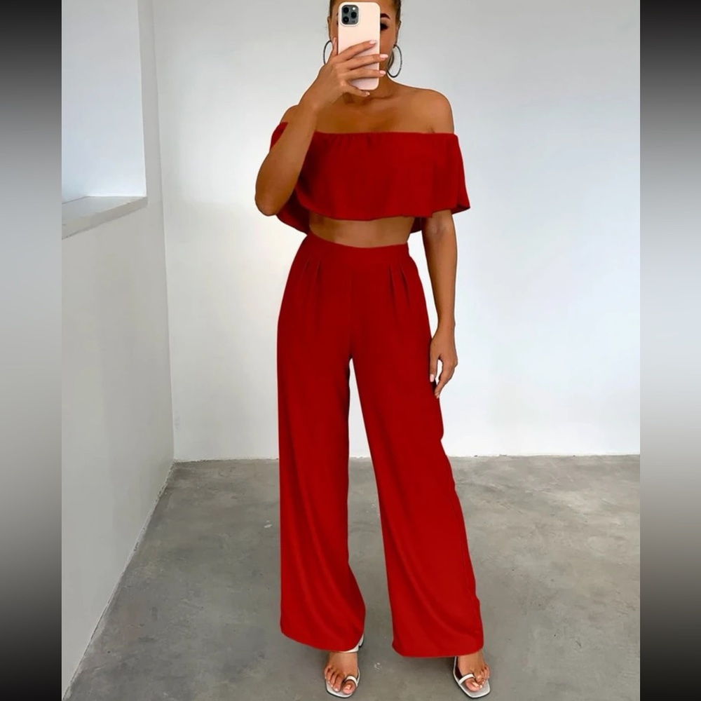 Joyfunear Off Shoulder Overlay Crop Top & Fold Pleated Detail Wide Leg Pants